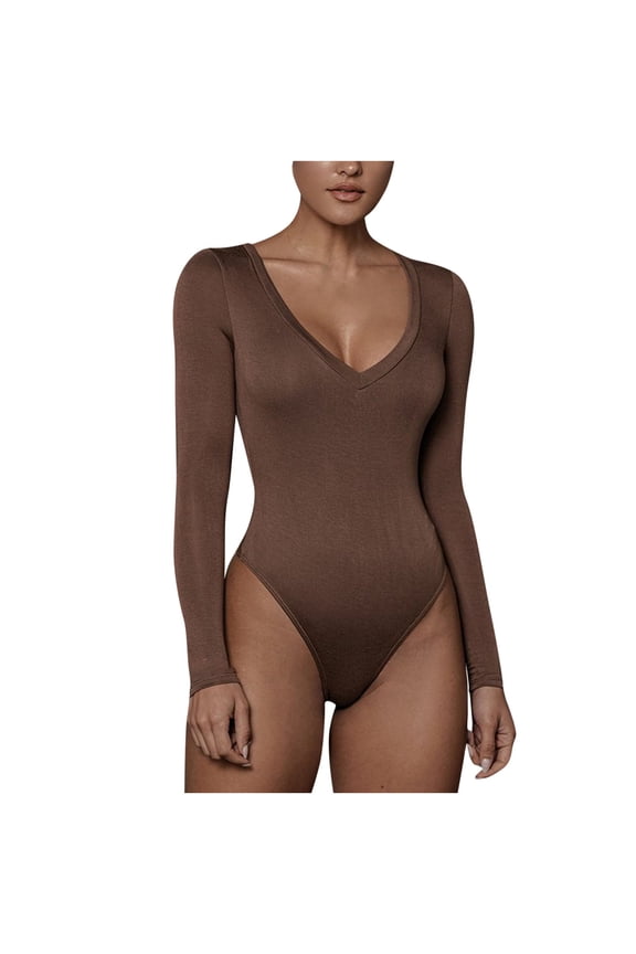 One Piece Body Shaper for Women Firm Tummy Compression Bodysuit Shaping with Butt Lifter Long Sleeved Erogenous Basics Versatile Solid Tight Fitting Cutout Jumpsuit Coffee