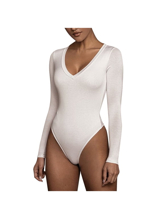 Holloyiver One Piece Body Shaper for Women Firm Tummy Compression Bodysuit Shaping with Butt Lifter Long Sleeved Erogenous Basics Versatile Solid Trendy Tight Fitting Cutout Jumpsuit White
