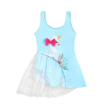 Herrnalise One Piece Swimsuit for Girls Tulle Baby Swimdress Bowknot Toddler Kids Trendy Cute Swan Print Mesh Bikini Ruffles , 2-7 Years, Blue