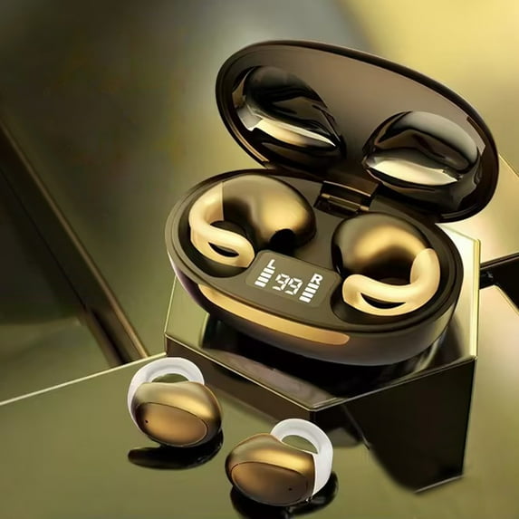 Herrnalise Open Ear Clip Headphones with Built-in Microphone,Wireless Bluetooth Sports Earbuds with Wireless Charging Case & Display,Waterproof Fitness Earbuds for Gym Workout Running Sport - Black