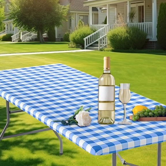 Herrnalise Picnic Table Cover,Waterproof Windproof Rectangle Vinyl Camping Essentials Tablecloth for 6 Ft Tables,Blue-white Checkered Elastic Fitted Outdoor Picnic Table Cloth for Picnic Camping