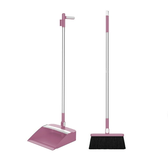 Herrnalise Pink Broom and Dustpan Set, 180 Rotatable Brooms, Upright Angle with Built-in Comb Teeth Dustpan Combo Set for Home Kitchen Office Lobby Floor Standing Dust Pan