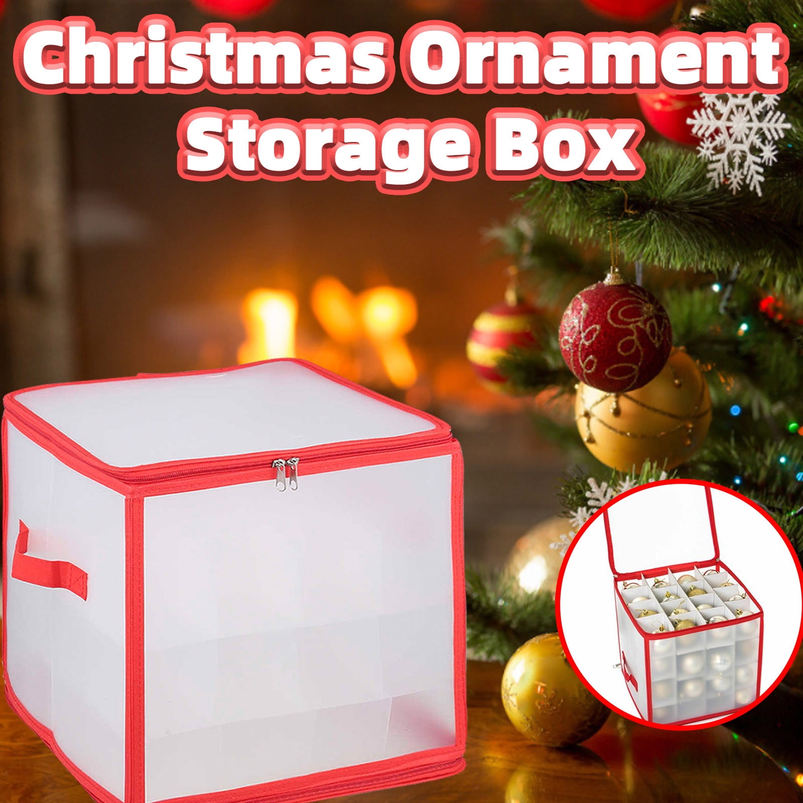 Herrnalise Plastic Christmas Ornament Storage Box Zippered Closure - Stores up to 64 of The 3-inch Standard Christmas Ornaments and XmasHoliday Storage Container with Dividers \u0026 TwoHandles