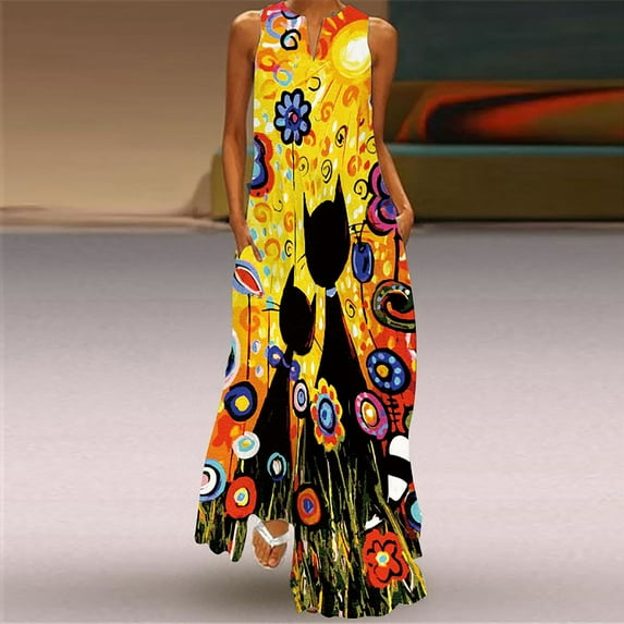 Herrnalise Plus Size Maxi Dresses for Women 2024 Summer Long Elegant Robe Dress Party Sleeveless Women Dresses Casual Sundress Vintage Sun Dress High Waist Women Yellow