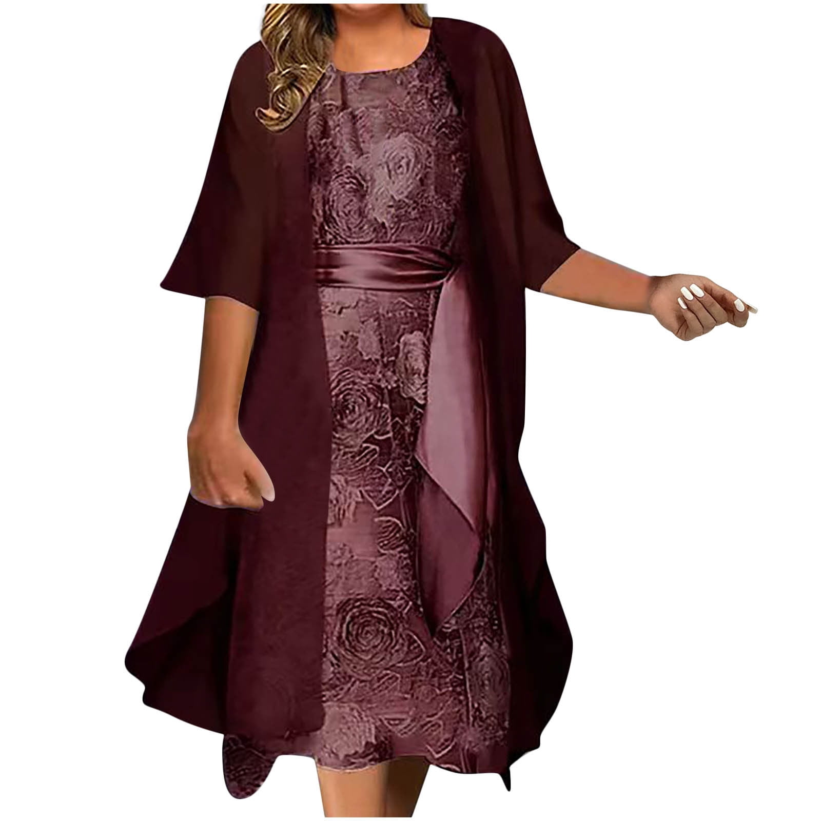Herrnalise Plus Size Maxi Dresses for Women 2024 Women's Chiffon Dress Bohemian Dress 3/4 Sleeve Floral Embroidered Layered Waist Drawstring Fall Round Neck A Line Dress Purple