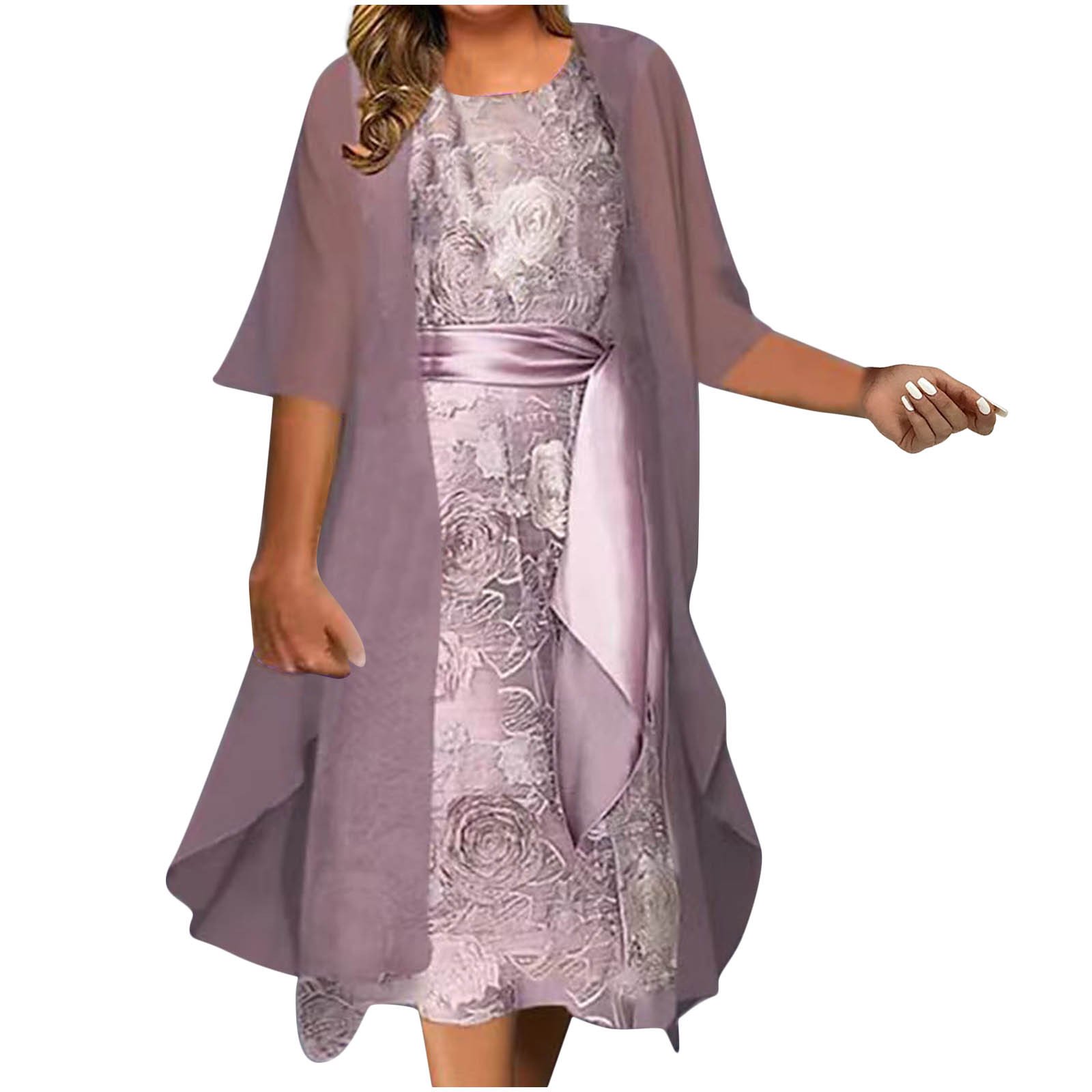 Herrnalise Plus Size Maxi Dresses for Women 2024 Women's Chiffon Dress Bohemian Dress 3/4 Sleeve Floral Embroidered Layered Waist Drawstring Fall Round Neck A Line Dress Purple