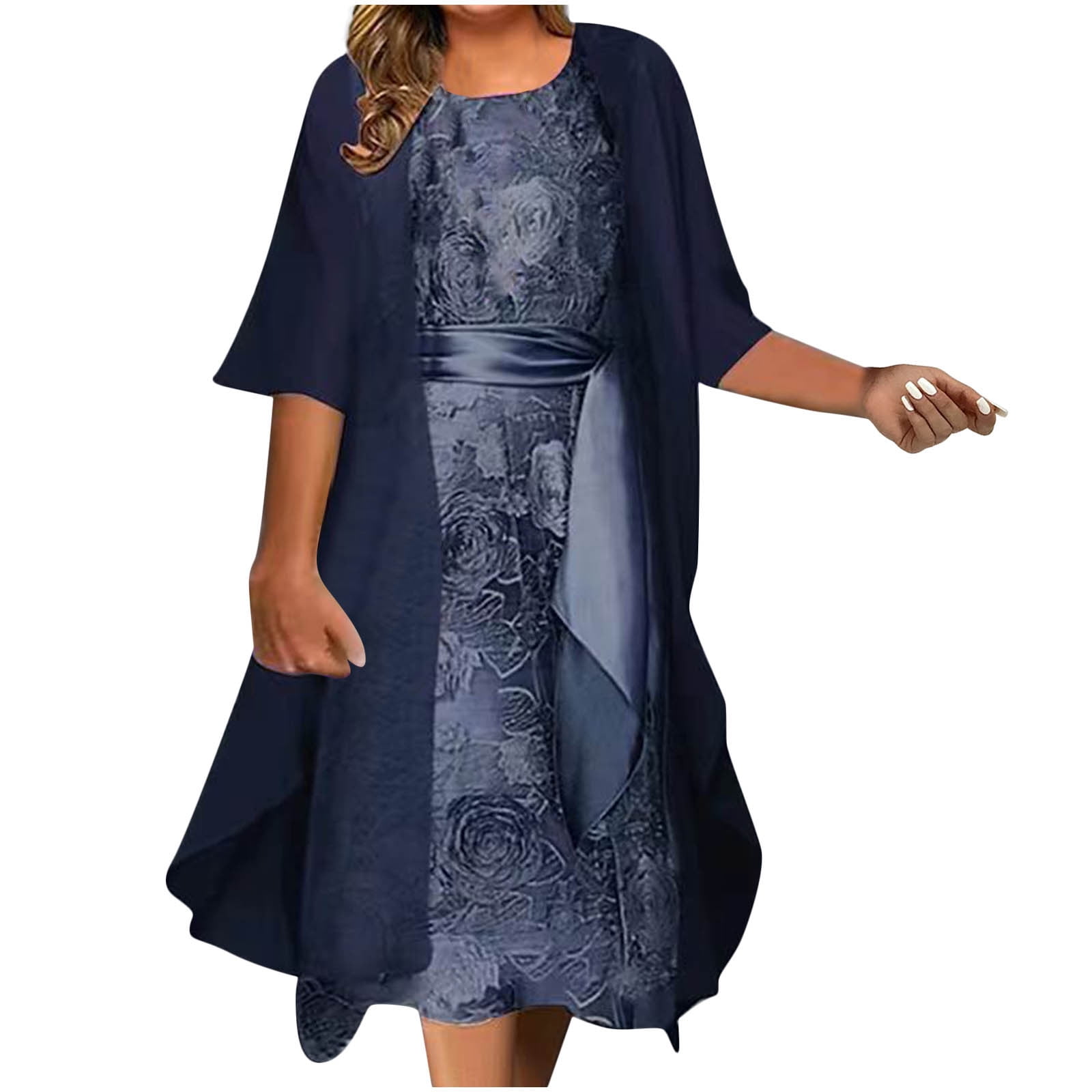Herrnalise Plus Size Maxi Dresses for Women 2024 Women's Chiffon Dress Bohemian Dress 3/4 Sleeve Floral Embroidered Layered Waist Drawstring Fall Round Neck A Line Dress Navy