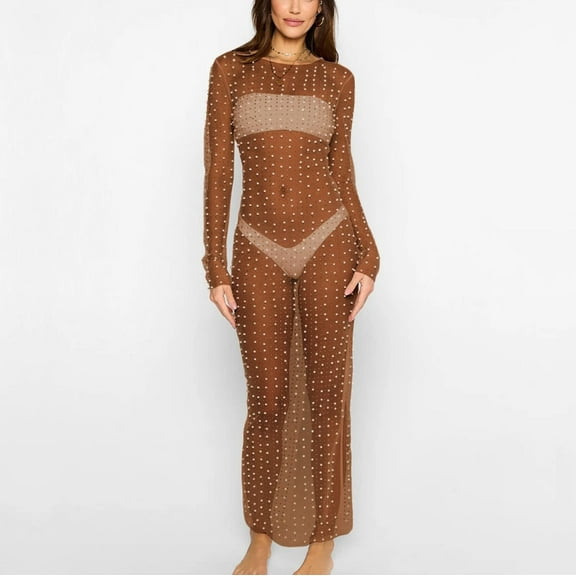Herrnalise Plus Size Maxi Dresses for Women 2024 Womens Long Sleeve Sheer Mesh Crop Dress Shiny Pearls Rhinestone Round-Neck Pullover Dress Slim Cover Up Party Clubwear Brown