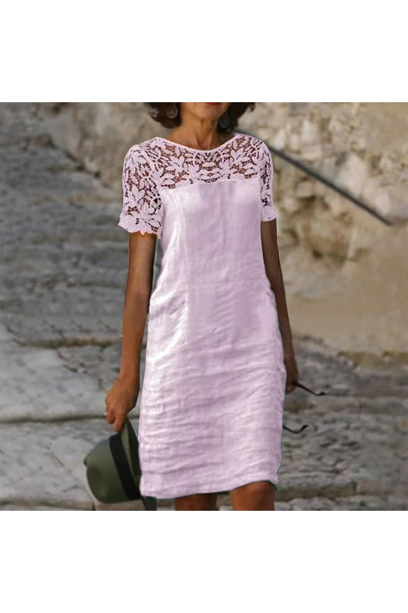 Plus Size Maxi Dresses for Women 2024 Spring/Summer New Round collar Loose Lace Stitching Hollow out Short Sleeve Midi Sun dress Pink