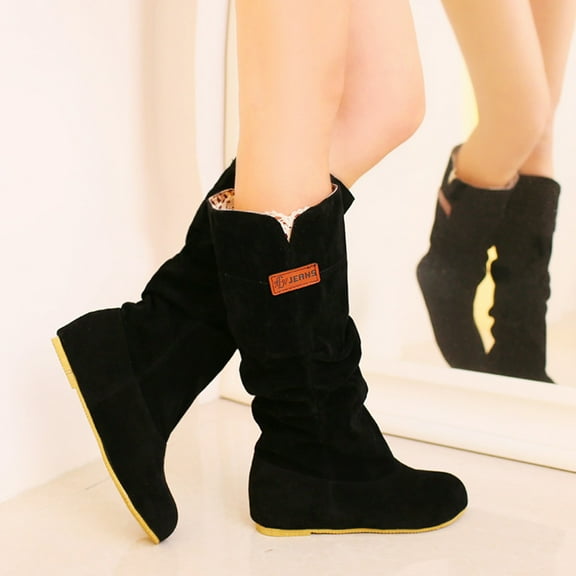 Herrnalise Retro Women Flock Solid Color Flat Slip-On Middle Tube Booties Round Toe Shoes Sales