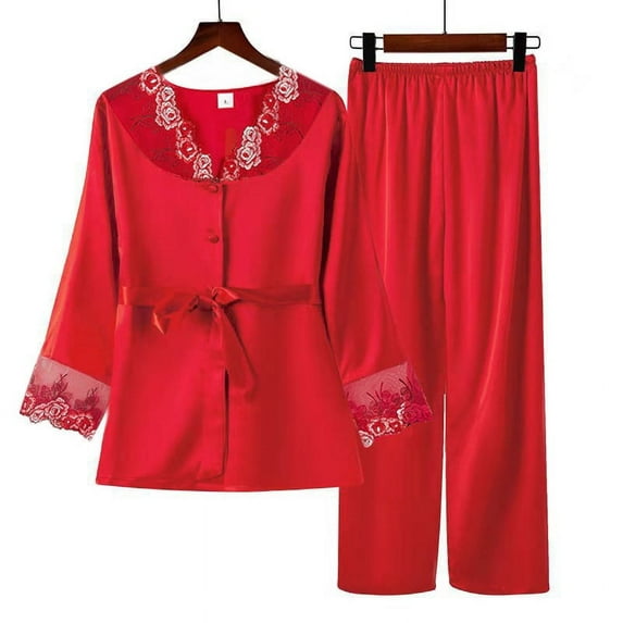 Herrnalise Silk Satin Pajamas Set Women Two-Piece Nightwear Long Sleeve Sleepwear With Belt Soft Button Down Loungewear Pjs Set For M