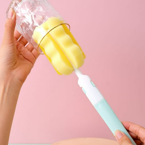 Herrnalise Sponge Cleaning Brush Cleaner with Adjustable Plastic Long Handle Kitchen Multifunctional Dishwashing for Coffee Glasses Pot Milk Cup Mugs Winebottle Baby Bottles