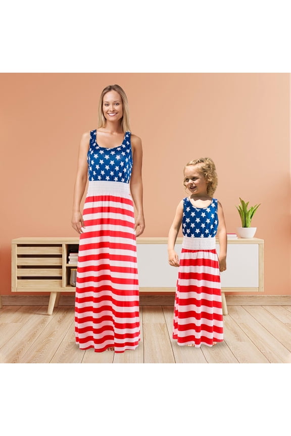Spring And Summer Clothes Independence Day Flag Mother And Daughter Casual Striped Dress