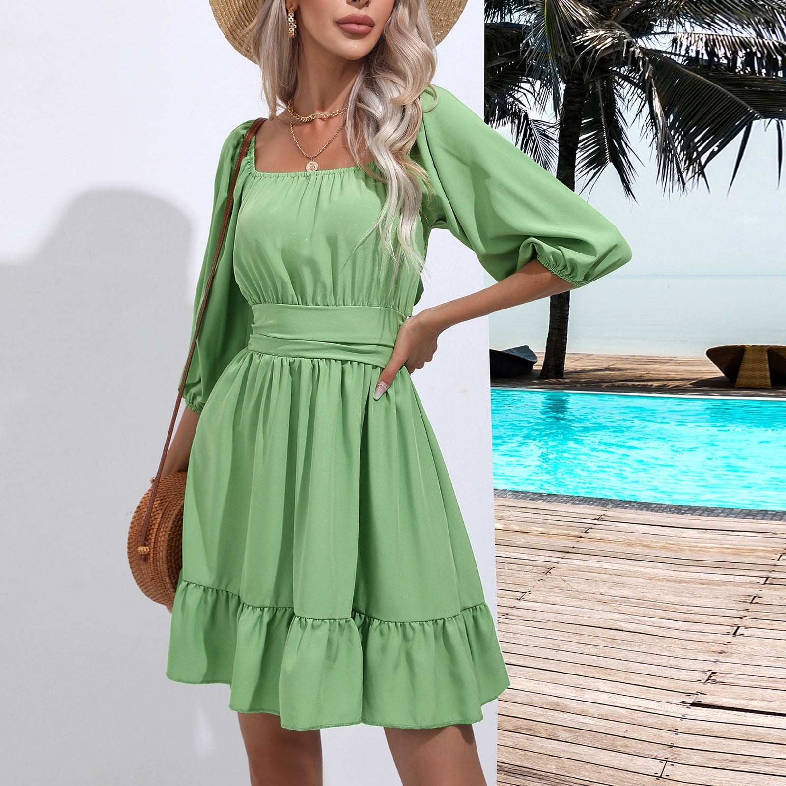 Herrnalise Summer Dresses for Women 2023 Trendy Square Collar Puff Sleeve  Short Tab Sleeve Tie Backless Ruffle A-Line Dress Design Solid Color  Shapewear Stretchy Romper Jumpsuits For Women Green 