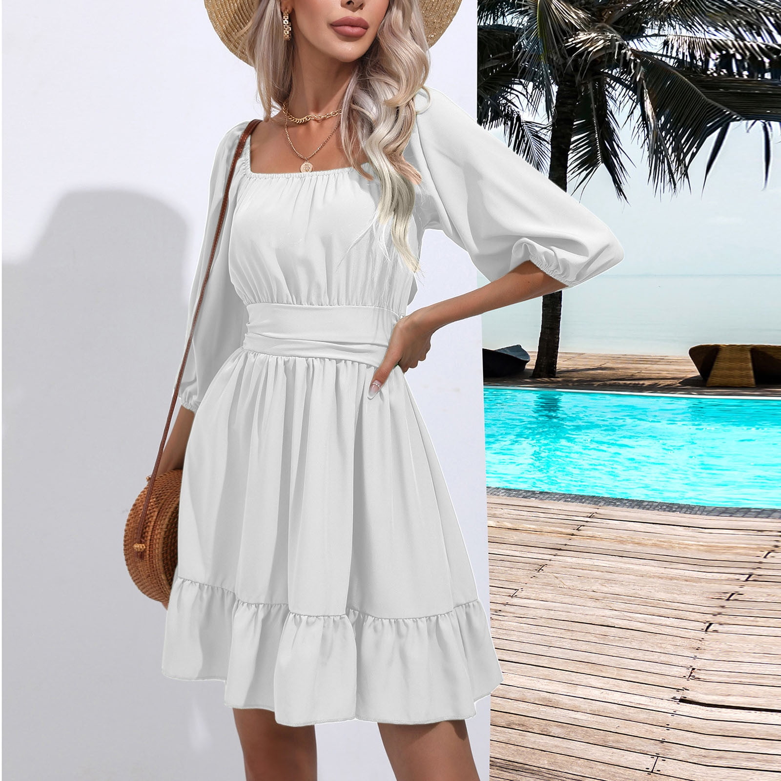 Herrnalise Summer Dresses for Women 2023 Trendy Square Collar Puff Sleeve  Short Tab Sleeve Tie Backless Ruffle A-Line Dress Design Solid Color  Shapewear Stretchy Romper Jumpsuits For Women White 