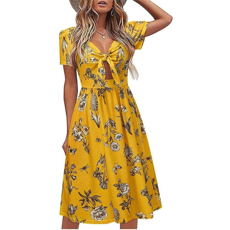 Herrnalise Summer Dresses for Women 2023 Trendy V-neck Short Sleeve Lace  MediumLength Dress Lining Lady A-line Bridesmaid Party Midi Long Dress  Yellow