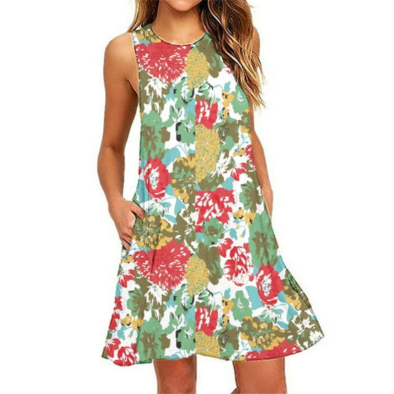 Holloyiver Summer Dresses for Women 2023 Trendy Floral Print T-shirt Vest Beach Dress Sleeveless Pocket Loose Boho Round Neck Mid Length Sun Dress Mint Green