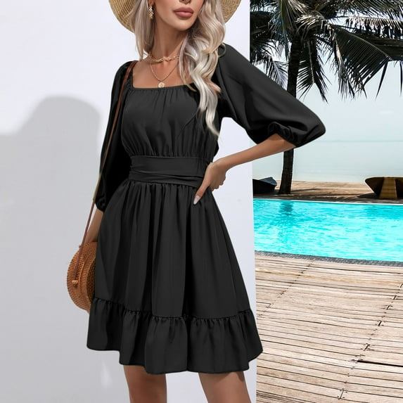 Herrnalise Summer Dresses for Women 2024 Trendy Square Collar Puff Sleeve Short Tab Sleeve Tie Backless Ruffle A-Line Dress Design Solid Color Shapewear Stretchy Romper Jumpsuits For Women Black