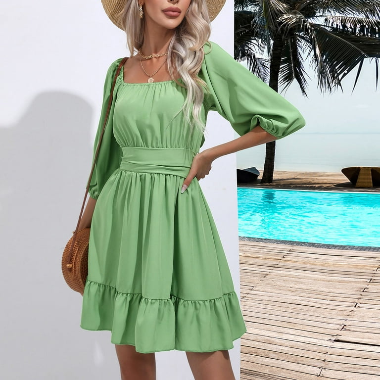 Herrnalise Summer Dresses for Women 2024 Trendy Square Collar Puff Sleeve Short Tab Sleeve Tie Backless Ruffle A Line Dress Design Solid Color