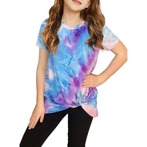 Herrnalise Summer Girls Short-sleeved Color Tie-dye Pattern Round Neck T-shirt Tops For Kid