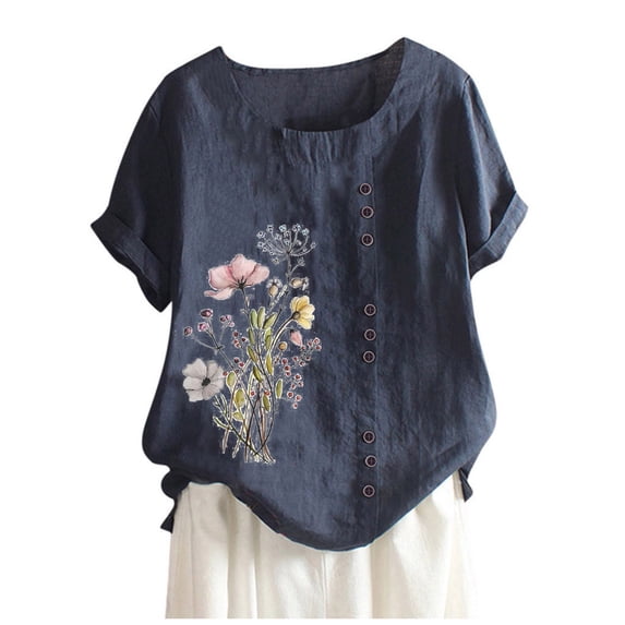 Herrnalise Summer Pajamas 2024 Women Linen Shirts 3/4 Sleeve Loose Casual Oversized Tops Crew Neck Lightweight Basic 2024 Summer Fashion Blouse for Women Gifts