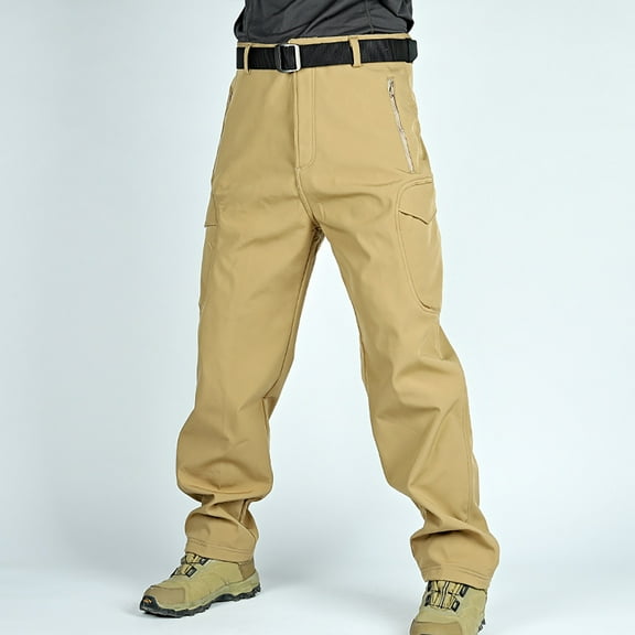 Herrnalise Thicken Mens Winter Fleece Lined Cargo Pant Windproof Outdoor Work Pants With Multi-pocket Khaki