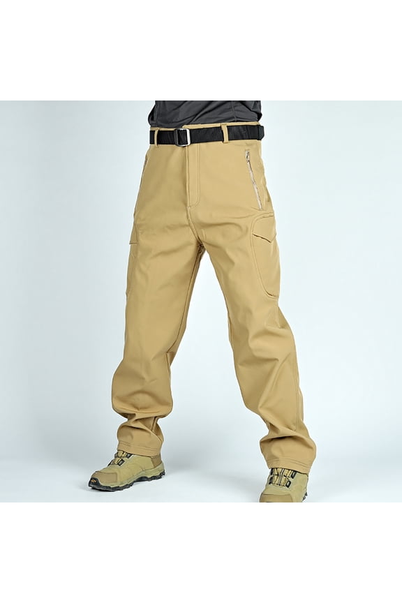 Thicken Mens Winter Fleece Lined Cargo Pant Windproof Outdoor Work Pants With Multi-pocket Khaki