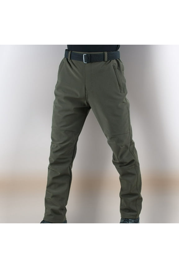 Thicken Mens Winter Fleece Lined Cargo Pant Windproof Outdoor Work Pants With Multi-pocket Olive Green