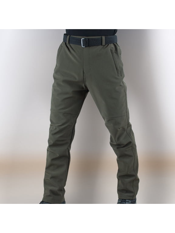 Thicken Mens Winter Fleece Lined Cargo Pant Windproof Outdoor Work Pants With Multi-pocket Olive Green