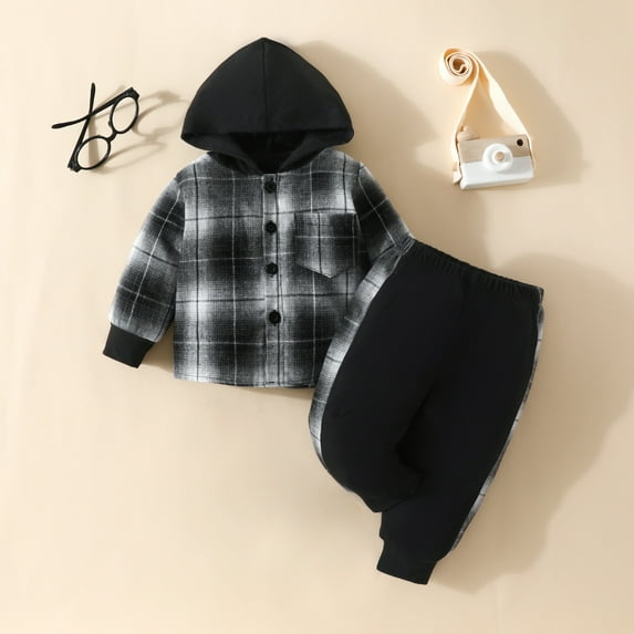 Herrnalise Toddler Baby Boys Clothes Flannel Lattice Button Down Hoodied Tops +Pants Boys Fall Winter Outfits(0M-3T)