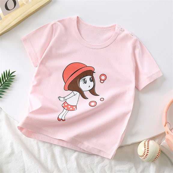 Herrnalise Toddler Baby Boys Girl Summer Short Sleeve Cartoon print T Shirt Round Neck Shirt Comfy Cotton Top Solid Shirts 6M-6T