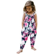 Herrnalise Toddler Baby Girl Jumpsuits Summer Flowers Printing Strap Romper Pants With Pockets Clearance
