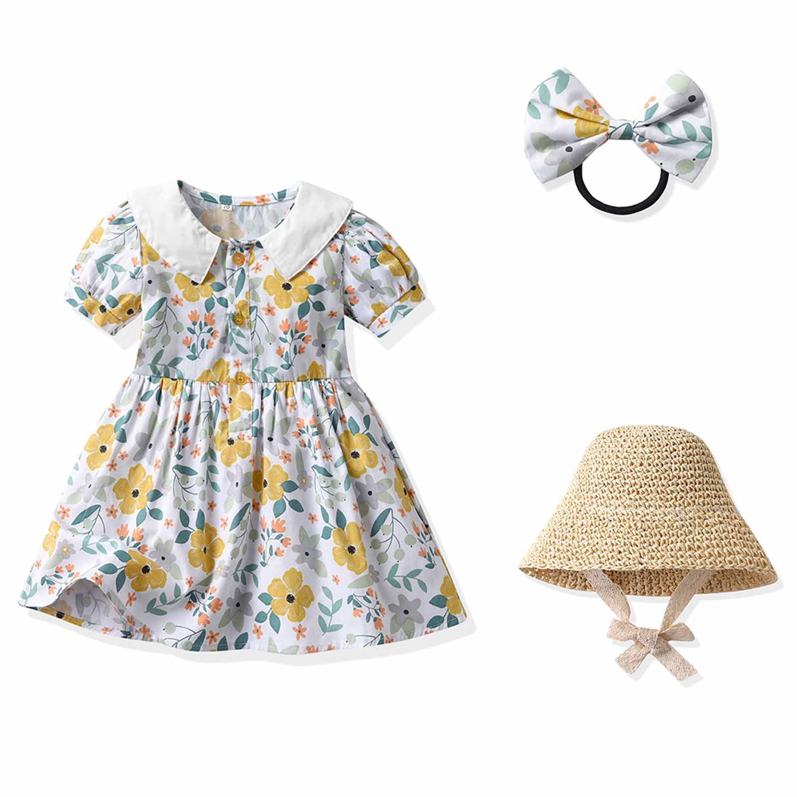 Newborn Summer Yellow Floral 3-Piece Dress Set – Black & Yellow Princess Outfit main image 1