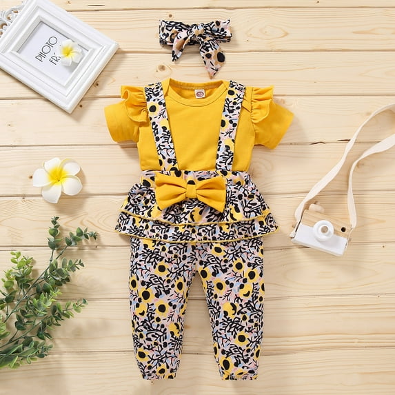 SDJMa Toddler Baby Girl Solid Romper Bodysuit+Floral Print Suspender Pants Set Outfits