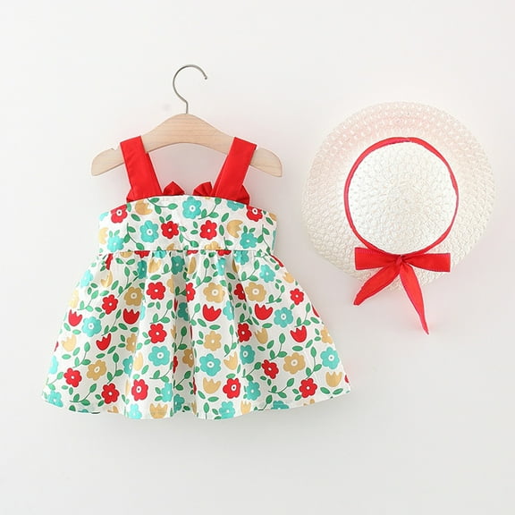 Herrnalise Toddler Baby Girl Summer Bow Decoration Flower Print Suspender Dress With Hat