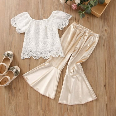 Herrnalise Toddler Baby Girl Summer Outfits Lace Short Sleeve Flared Velour Pants Suit