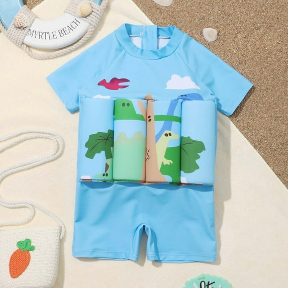 Herrnalise Toddler Baby Girls Boys Float Suit One-piece Swimwear Rashguard Cartoon Long Sleeve Zip Up Buoyancy Swimsuit