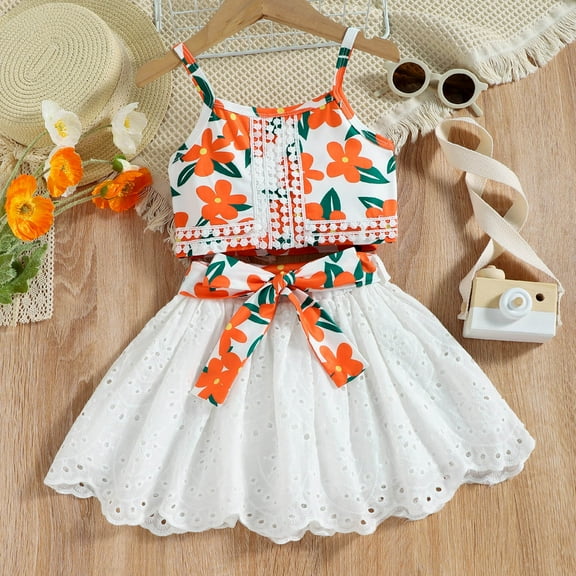 Herrnalise Toddler Baby Girls Fashion Cute Flowers Print Lcae Hollow Out Skirt Suspenders Top Suit