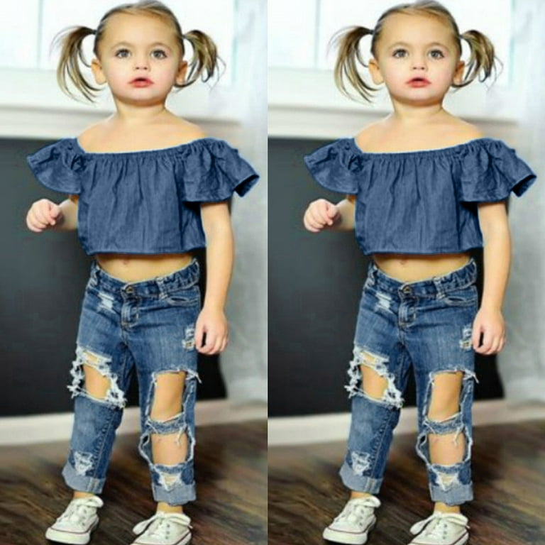Herrnalise Toddler Baby Girls Off Shoulder Solid Tops+Hole Denim Jean Pants  Outfits Sets