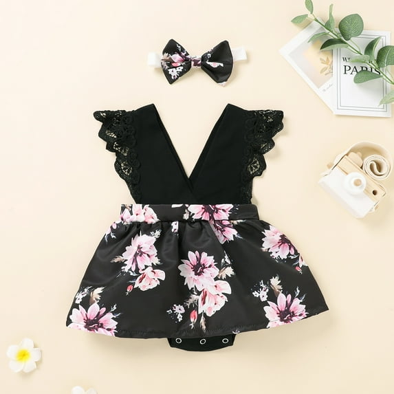 Herrnalise Toddler Baby Girls Outfits V-neck Clothes Cute Flowers Romper Short Skirt Suit Deals