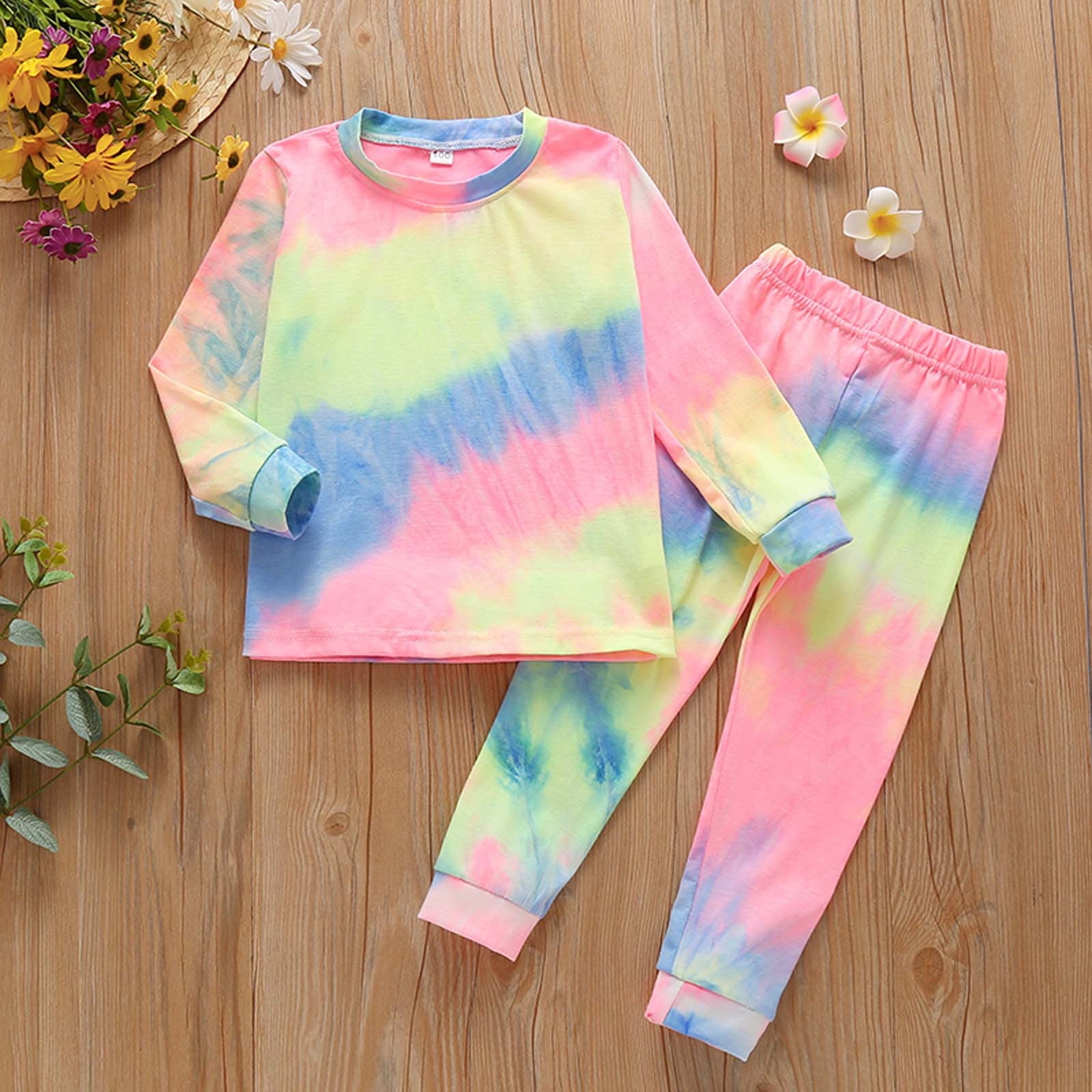 Herrnalise Toddler Baby Girls Rainbow Tie-dye Long-sleeved Top Trousers  Clothes Suit 