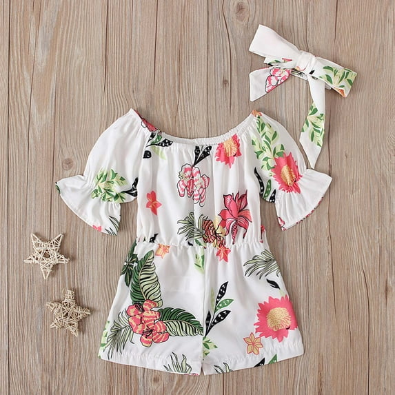 Herrnalise Toddler Baby Girls Summer Floral Short Sleeve Jumpsuit + Bow Two-piece Children's Clothing Sales