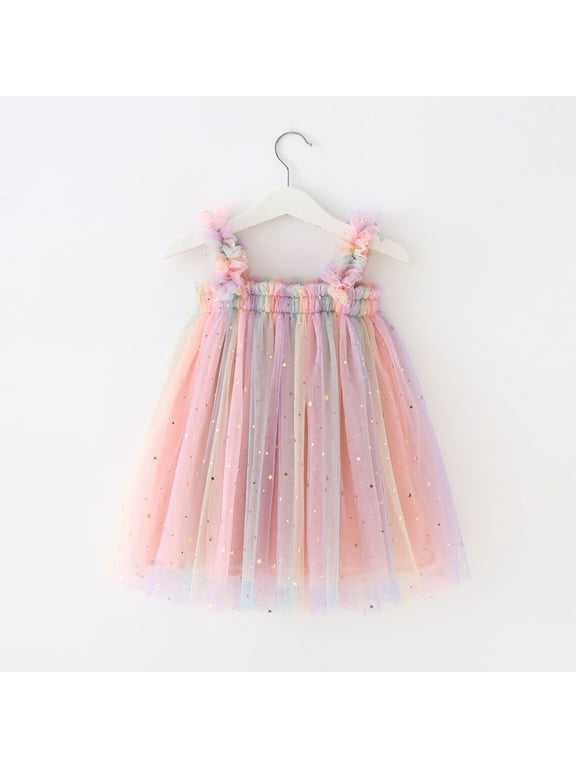 Toddler Baby Girls Tulle Tutu Dress Sleeveless Mesh Sequin Star Rainbow Suspenders Dress Little Girls Layered Birthday Party Princess Dress 6M-5T