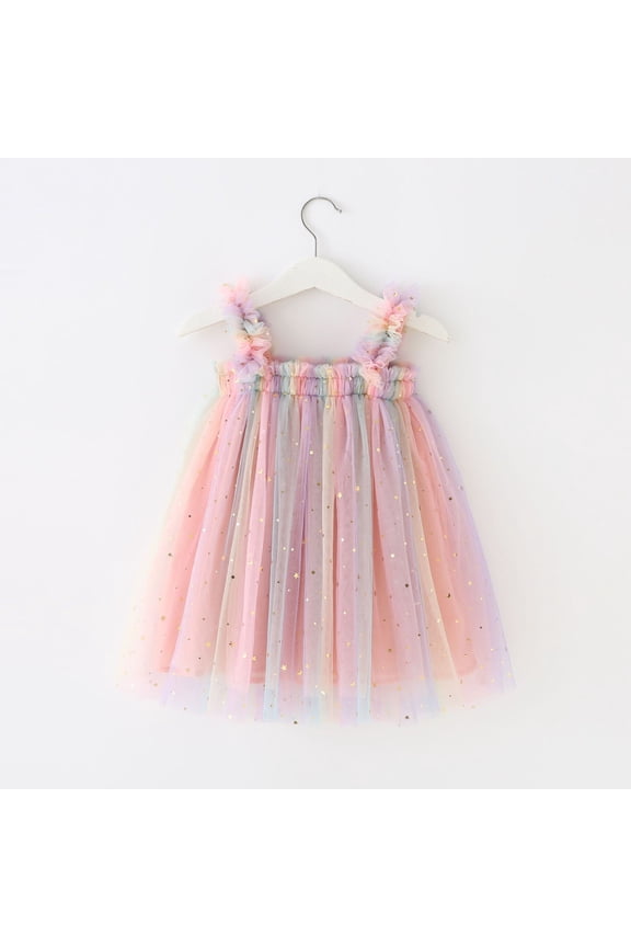 Toddler Baby Girls Tulle Tutu Dress Sleeveless Mesh Sequin Star Rainbow Suspenders Dress Little Girls Layered Birthday Party Princess Dress 6M-5T