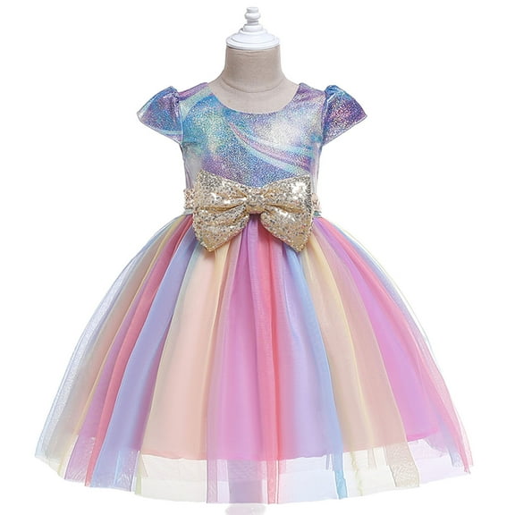 Herrnalise Toddler Girls Color Net Yarn Sequins Bowknot Mesh Birthday Party Kids Formal Princess Dresses