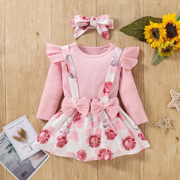 Herrnalise Toddler Girls Cotton Long Sleeve Top Sunflower Bowknot Strap Dress Headband Set