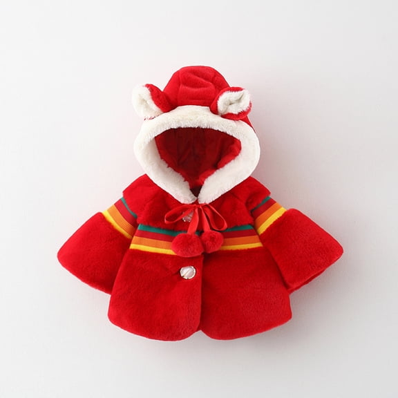 Herrnalise Toddler Girls Solid Color Rainbow Plush Cute Rabbit Ears Winter Hoodie Thick Coat Cloak