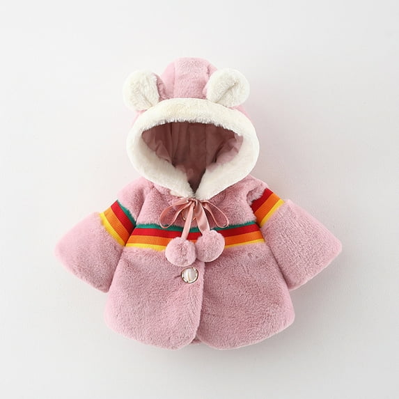 SDJMa Toddler Girls Solid Color Rainbow Plush Cute Rabbit Ears Winter Hoodie Thick Coat Cloak