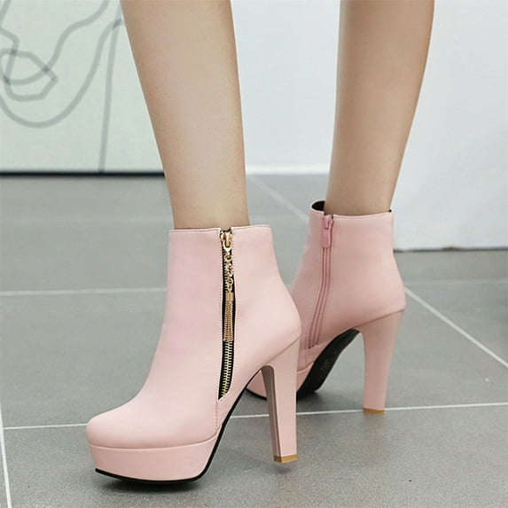 QISIWOLE Women Side Zip Ankle Bare Boots Square Heel Platform Casual Middle Tube Booties,Deals