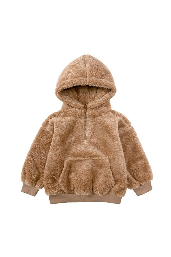 Toddler Boys Girls Hooded Fleece Jacket Half Zipper Coat Warm Winter Outwear Plush Fuzzy Coat Little Kids Clothes Outwear
